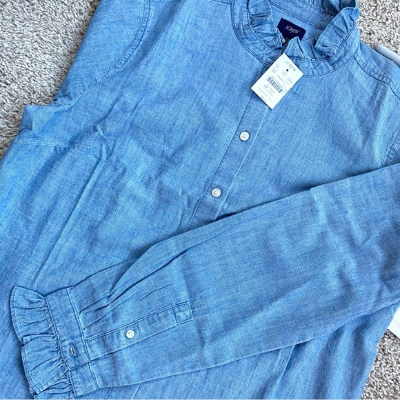 J.Crew Chambray Denim Ruffle Feminine Lightweight Cotton Button Down Large New! - Picture 5 of 7